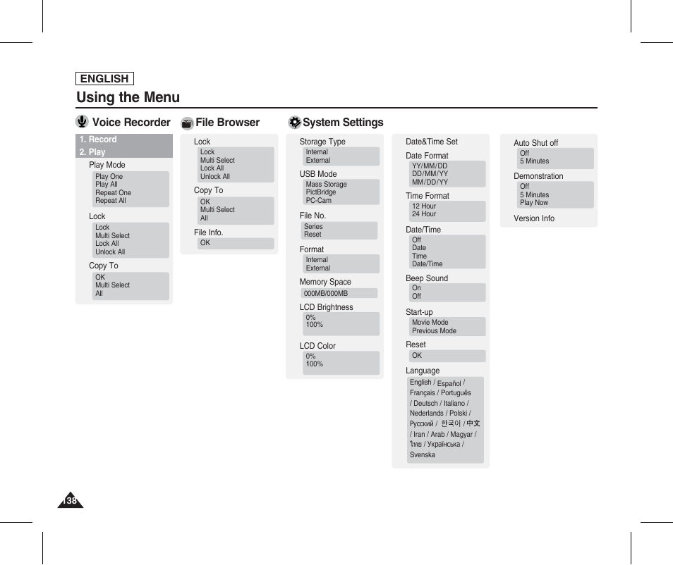 Using the menu, Voice recorder file browser system settings, English | Samsung SC-X205L-XAA User Manual | Page 142 / 149