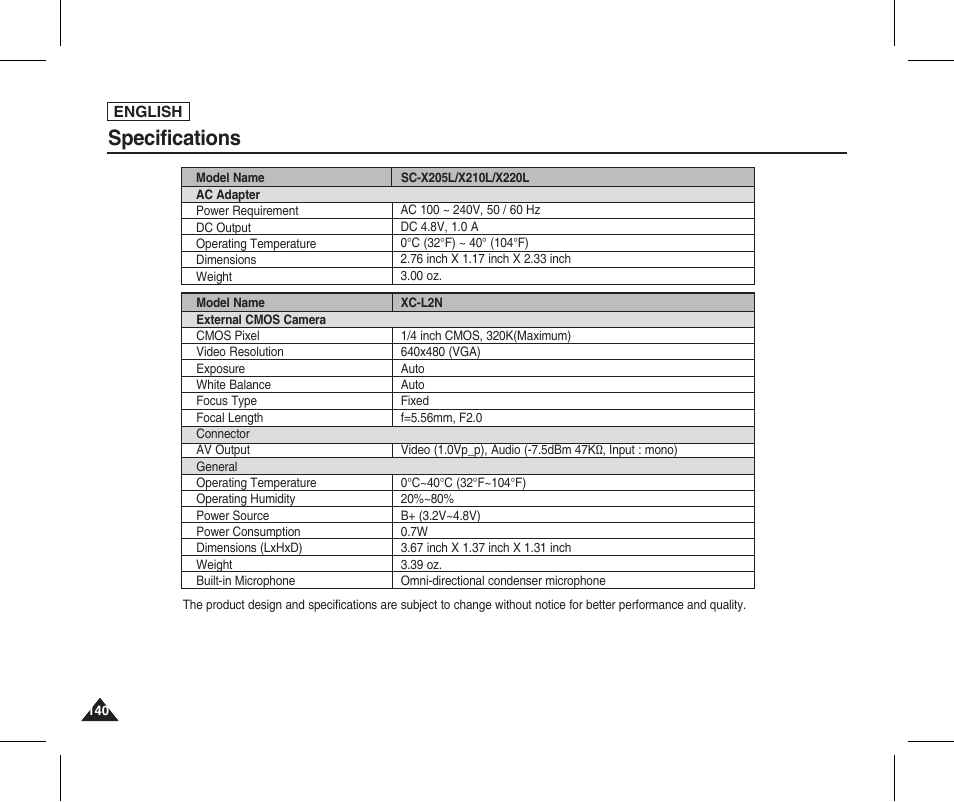 Specifications | Samsung SC-X205L-XAA User Manual | Page 144 / 149