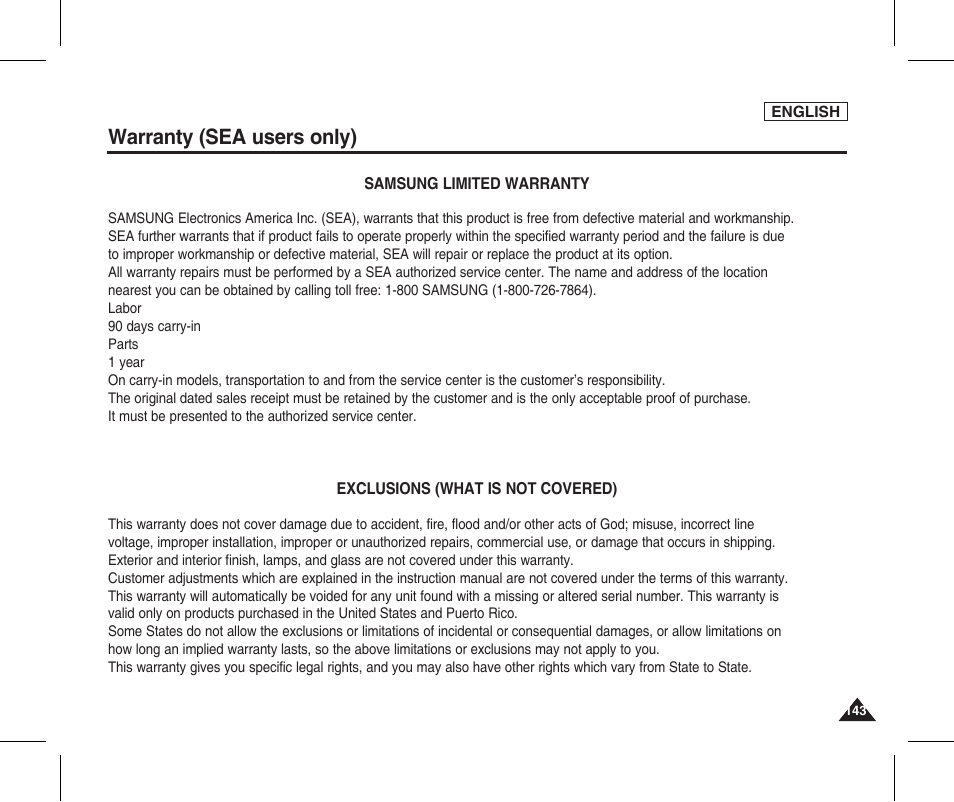 Warranty (sea users only) | Samsung SC-X205L-XAA User Manual | Page 147 / 149