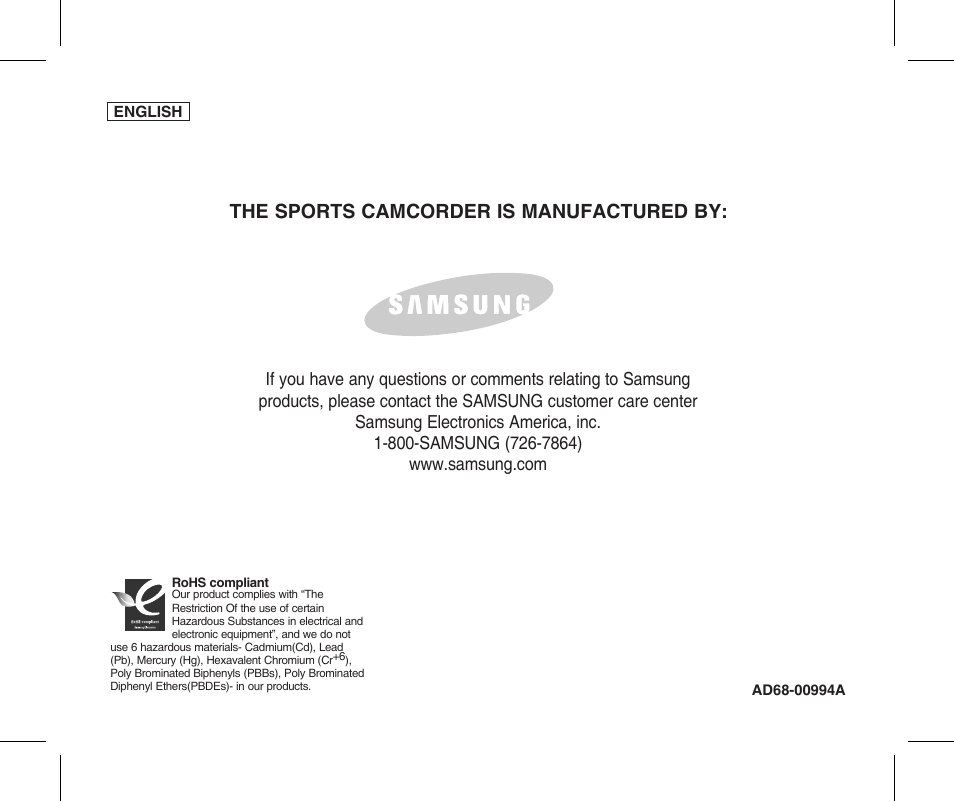 The sports camcorder is manufactured by | Samsung SC-X205L-XAA User Manual | Page 149 / 149