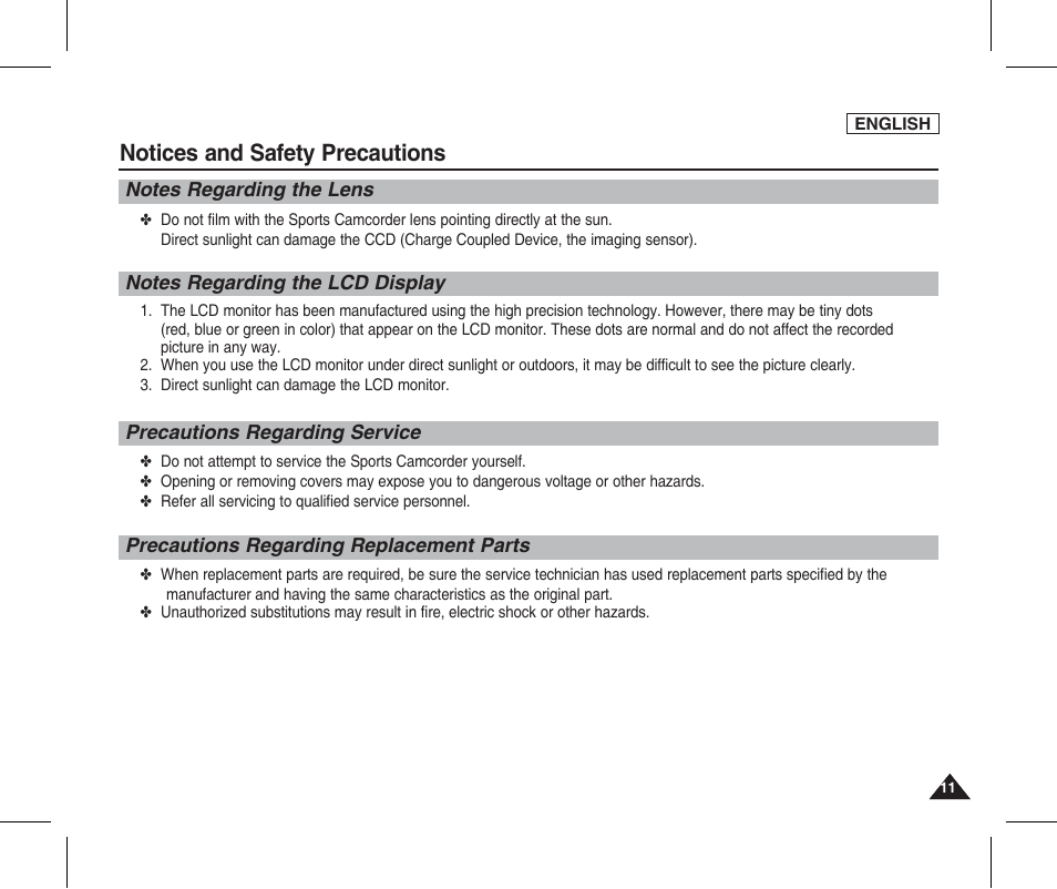 Precautions regarding replacement parts, Precautions regarding service, Notes regarding the lcd display | Notes regarding the lens, Notices and safety precautions | Samsung SC-X205L-XAA User Manual | Page 15 / 149