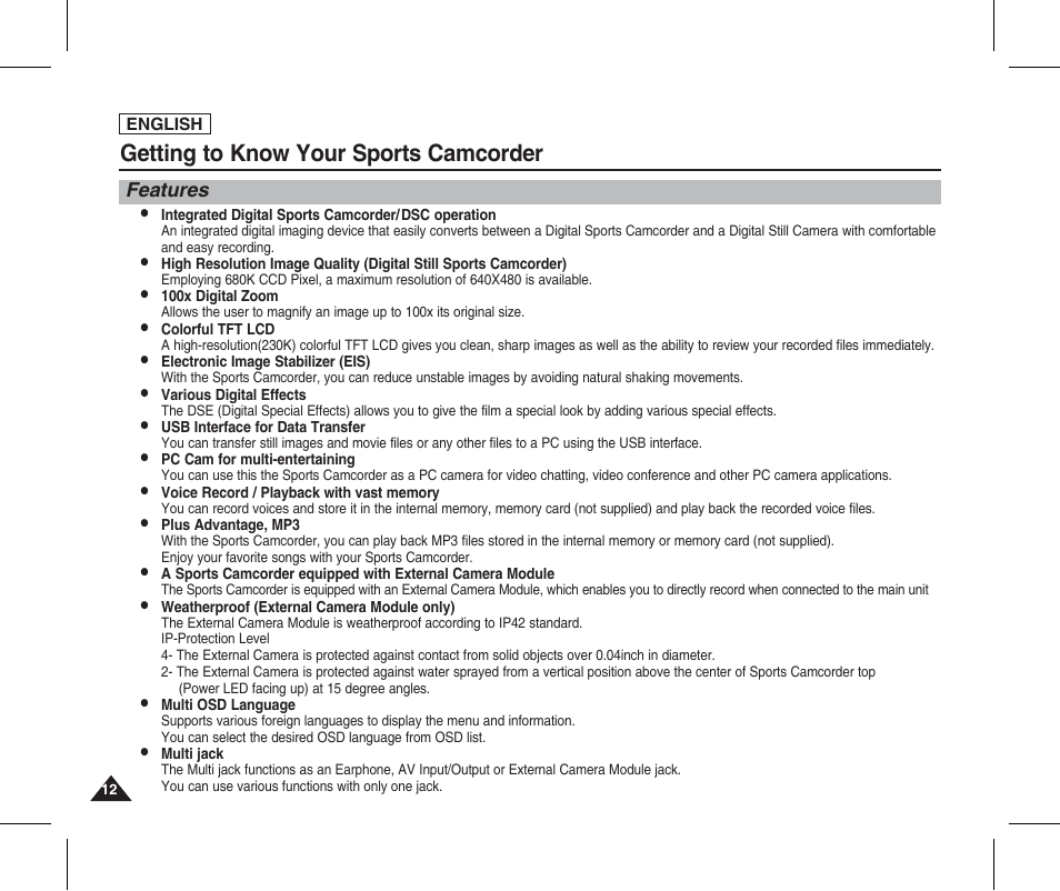 Getting to know your sports camcorder, Features | Samsung SC-X205L-XAA User Manual | Page 16 / 149