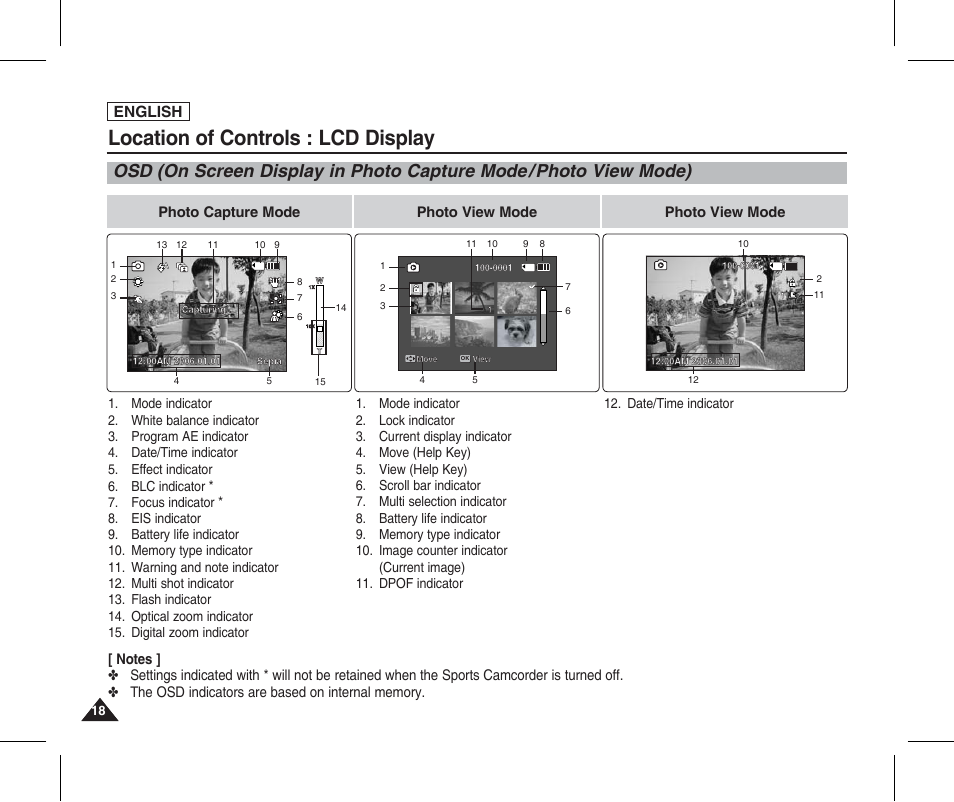 Location of controls : lcd display, English, Photo capture mode photo view mode | Photo view mode, Focus indicator | Samsung SC-X205L-XAA User Manual | Page 22 / 149