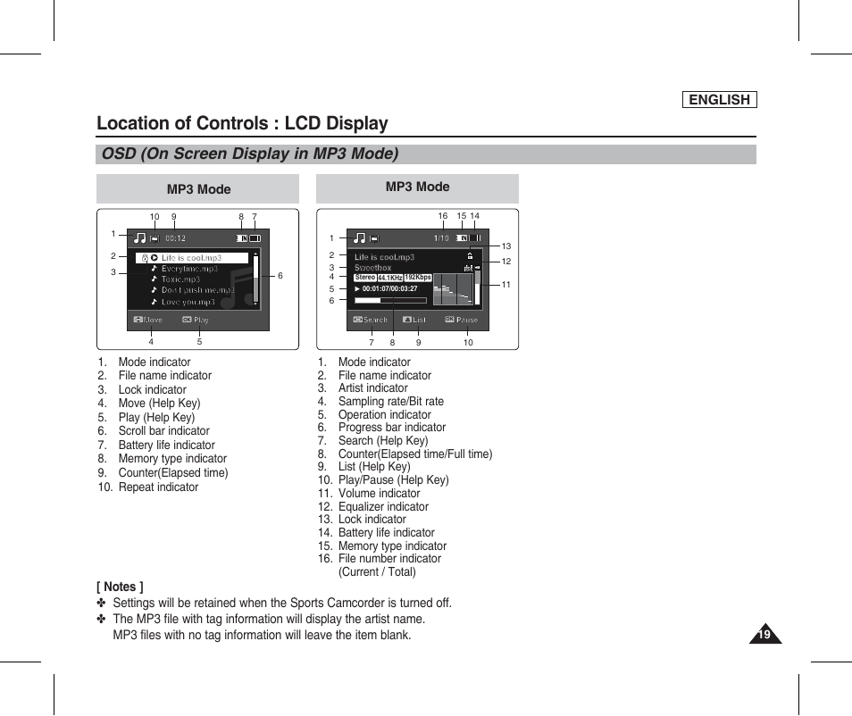 Osd (on screen display in mp3 mode), Location of controls : lcd display, English | Samsung SC-X205L-XAA User Manual | Page 23 / 149