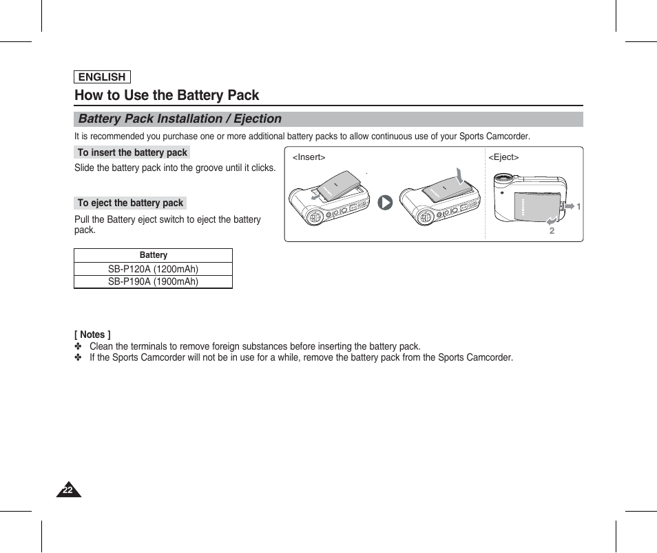 How to use the battery pack, Battery pack installation / ejection | Samsung SC-X205L-XAA User Manual | Page 26 / 149