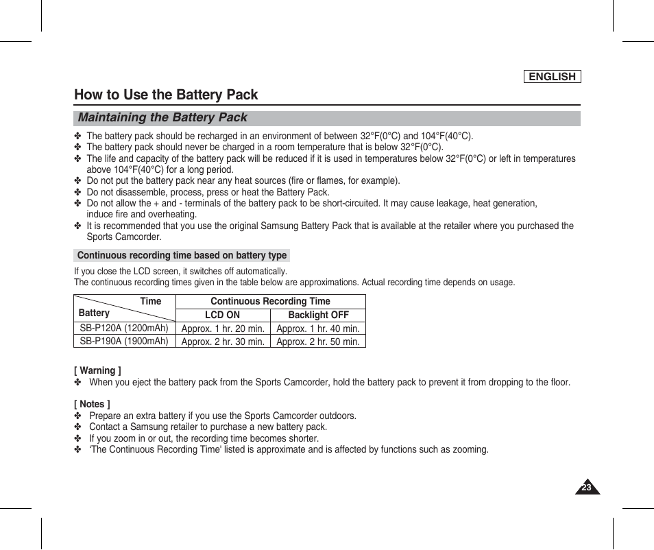 Maintaining the battery pack, How to use the battery pack | Samsung SC-X205L-XAA User Manual | Page 27 / 149