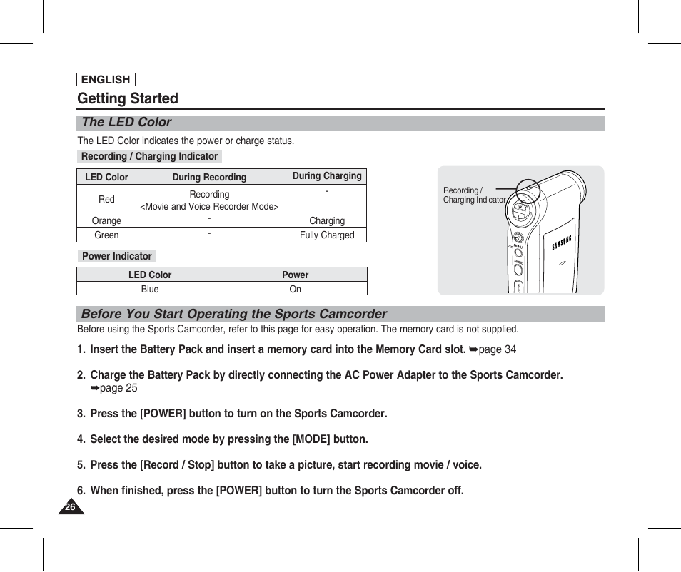 Getting started, The led color, Before you start operating the sports camcorder | Samsung SC-X205L-XAA User Manual | Page 30 / 149