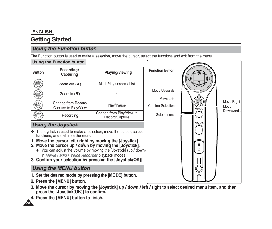 Using the function button, Using the joystick, Using the menu button | Getting started | Samsung SC-X205L-XAA User Manual | Page 32 / 149