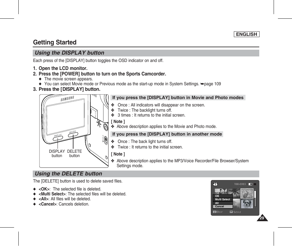 Using the display button, Using the delete button, Getting started | Using the display button using the delete button, Press the [display] button | Samsung SC-X205L-XAA User Manual | Page 33 / 149