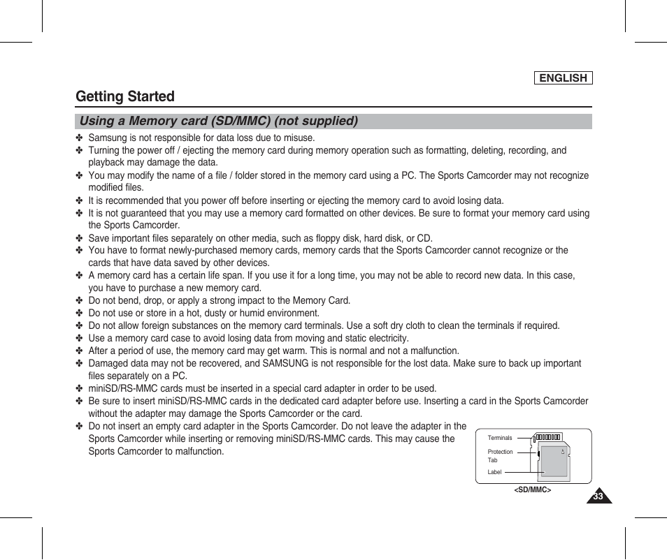 Using a memory card (sd/mmc) (not supplied), Getting started | Samsung SC-X205L-XAA User Manual | Page 37 / 149