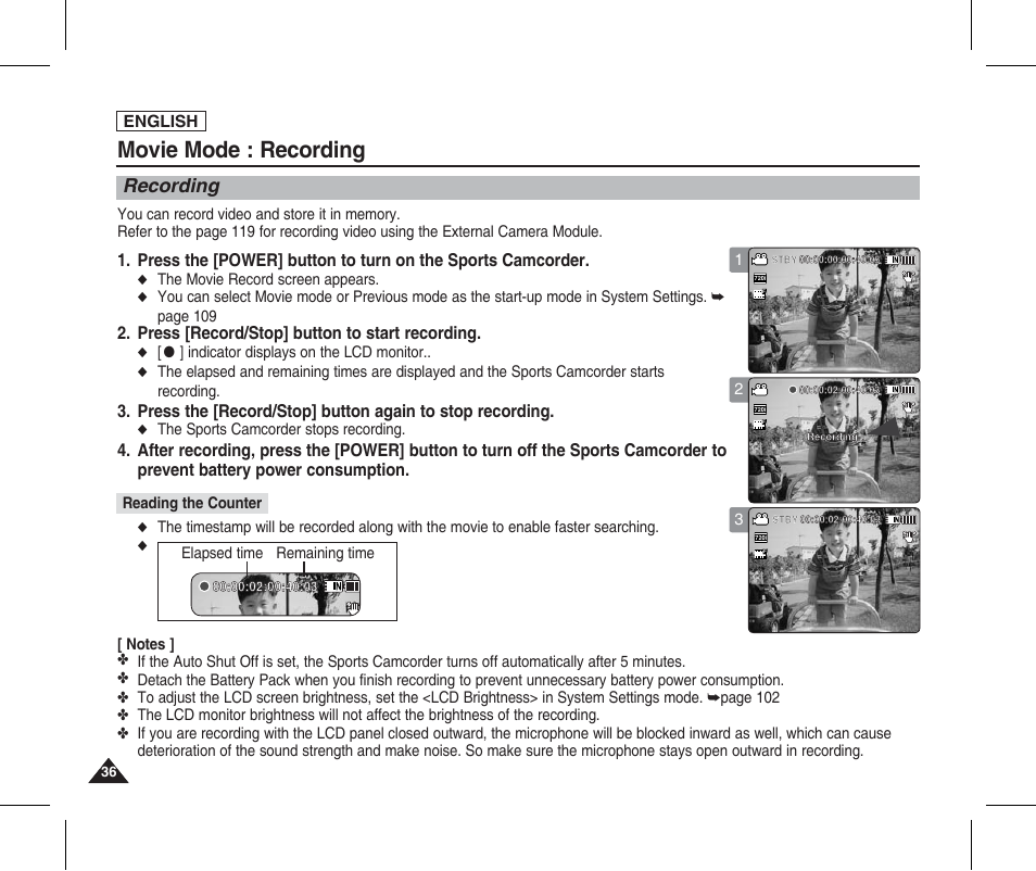 Recording, Movie mode : recording, Press [record/stop] button to start recording | English, The movie record screen appears, Indicator displays on the lcd monitor, The sports camcorder stops recording, Elapsed time remaining time | Samsung SC-X205L-XAA User Manual | Page 40 / 149