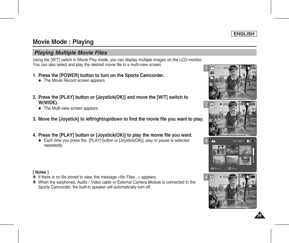 Playing multiple movie files, Movie mode : playing, English | The movie record screen appears, The multi-view screen appears | Samsung SC-X205L-XAA User Manual | Page 43 / 149