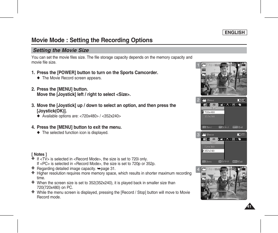 Setting the recording options, Setting the movie size, Movie mode : setting the recording options | Press the [menu] button, Press the [menu] button to exit the menu, English, The movie record screen appears | Samsung SC-X205L-XAA User Manual | Page 45 / 149