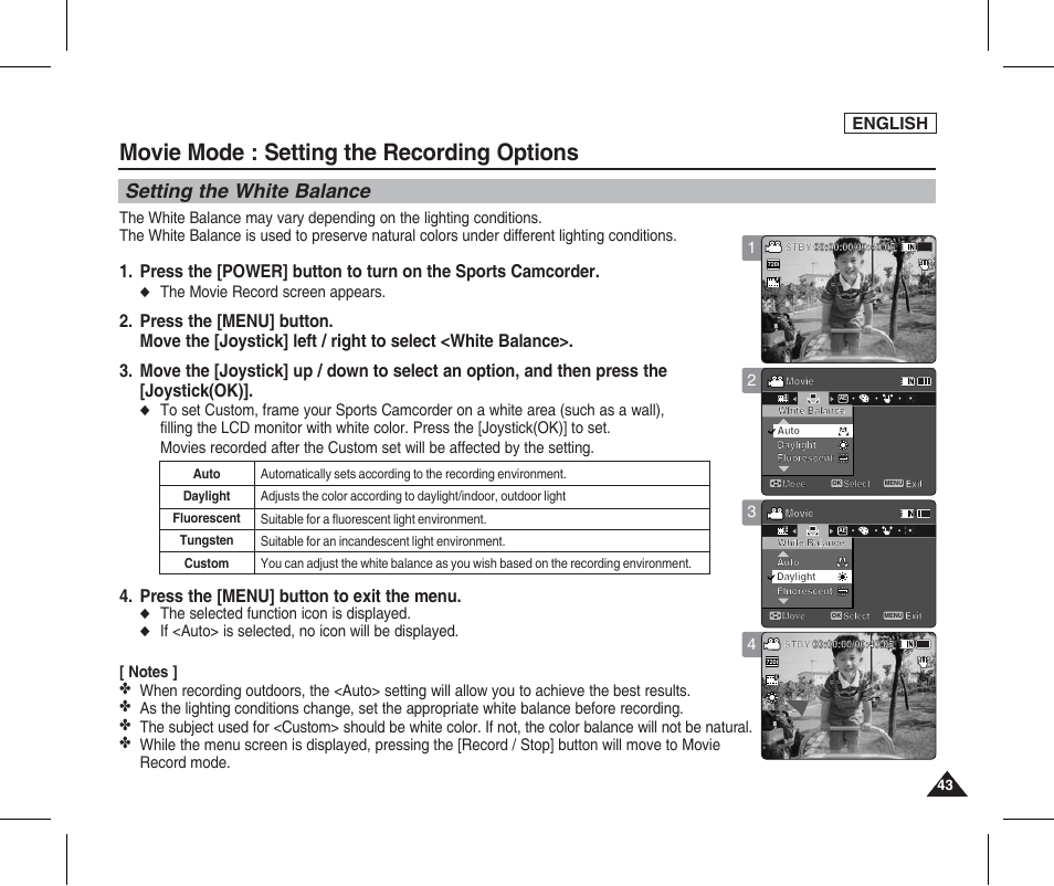 Setting the white balance, Movie mode : setting the recording options, Press the [menu] button to exit the menu | English, The movie record screen appears, The selected function icon is displayed | Samsung SC-X205L-XAA User Manual | Page 47 / 149