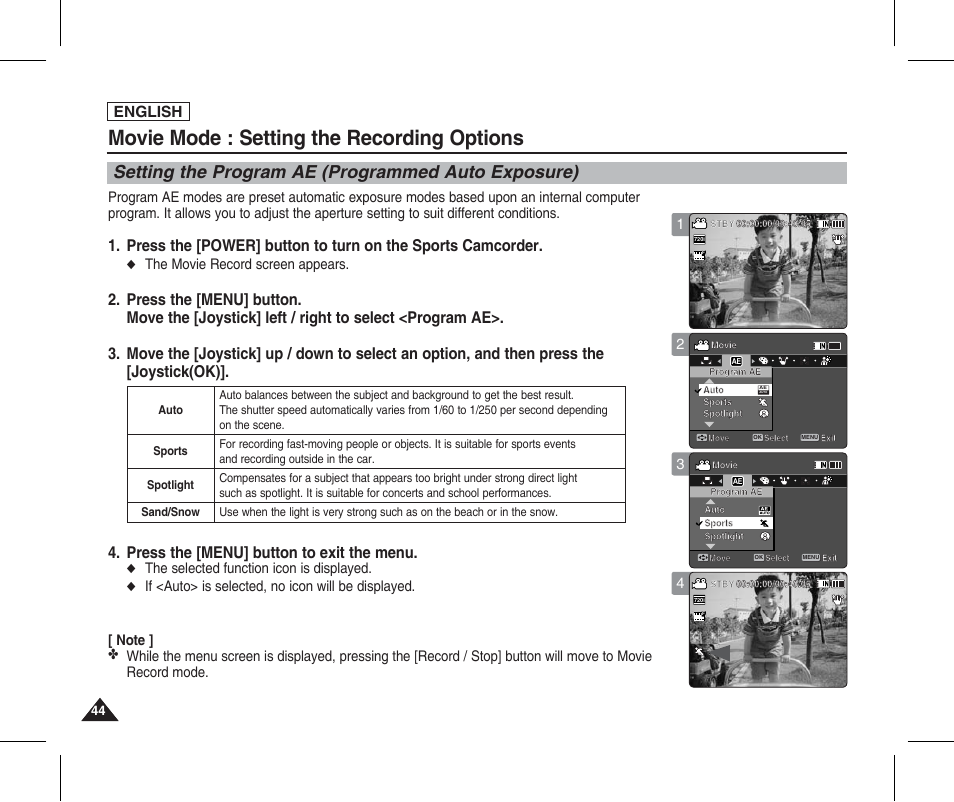 Setting the program ae (programmed auto exposure), Movie mode : setting the recording options, Press the [menu] button to exit the menu | English, The movie record screen appears, The selected function icon is displayed | Samsung SC-X205L-XAA User Manual | Page 48 / 149