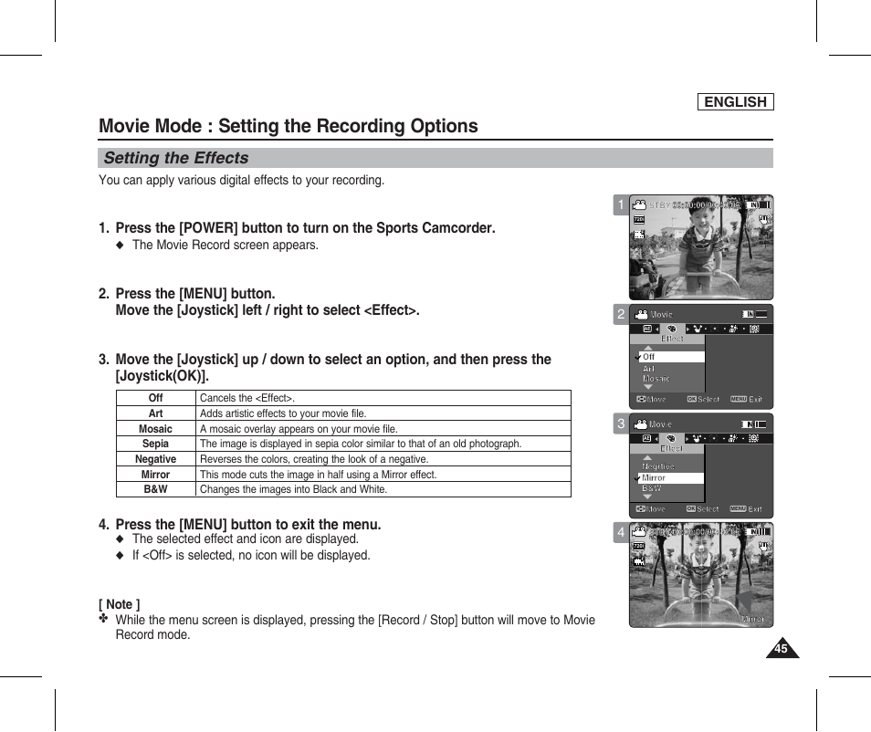 Setting the effects, Movie mode : setting the recording options, Press the [menu] button to exit the menu | English, The movie record screen appears, The selected effect and icon are displayed | Samsung SC-X205L-XAA User Manual | Page 49 / 149