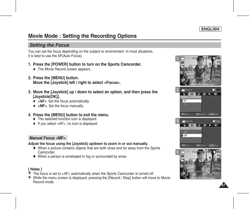 Setting the focus, Movie mode : setting the recording options, Press the [menu] button to exit the menu | Manual focus <mf, English, The movie record screen appears, Af> : set the focus automatically, Mf> : set the focus manually, The selected function icon is displayed, If you select <af>, no icon is displayed | Samsung SC-X205L-XAA User Manual | Page 51 / 149