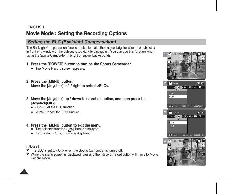 Setting the blc (backlight compensation), Movie mode : setting the recording options, Press the [menu] button to exit the menu | English, The movie record screen appears, On> : set the blc function, Off> : cancel the blc function, The selected function ( ) icon is displayed | Samsung SC-X205L-XAA User Manual | Page 52 / 149