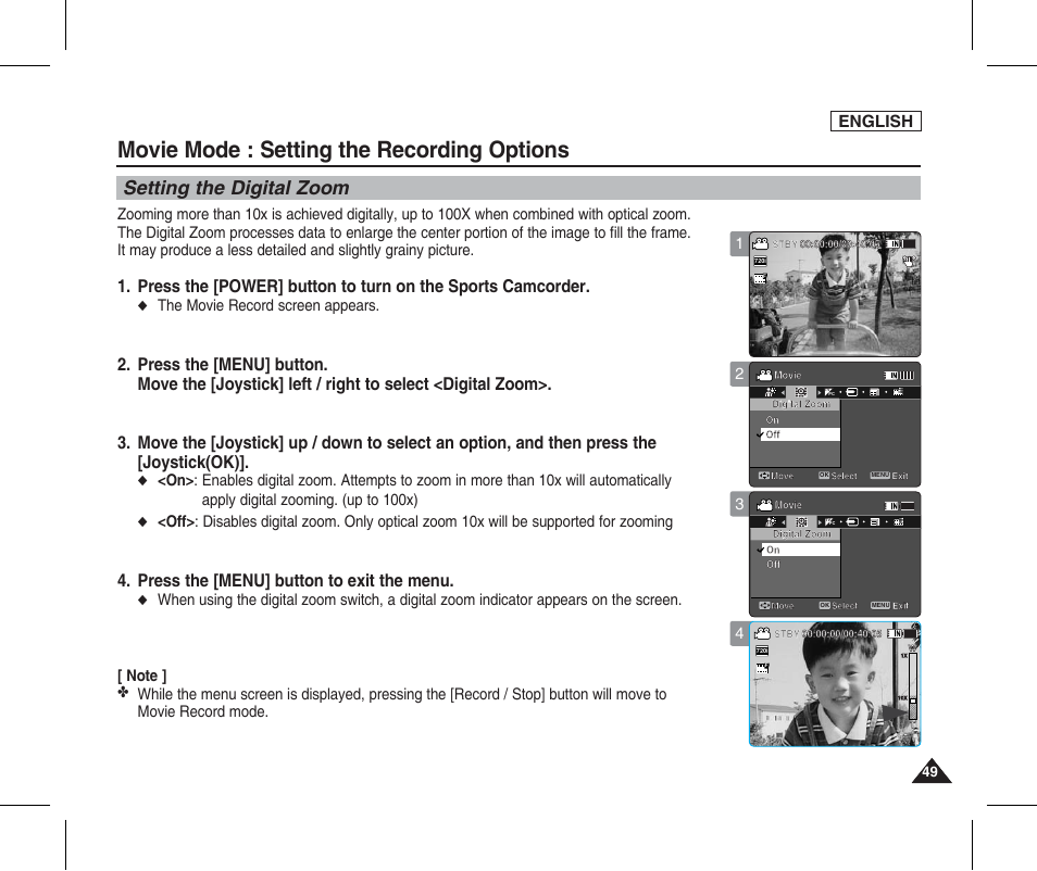 Setting the digital zoom, Movie mode : setting the recording options, Press the [menu] button to exit the menu | English, The movie record screen appears | Samsung SC-X205L-XAA User Manual | Page 53 / 149