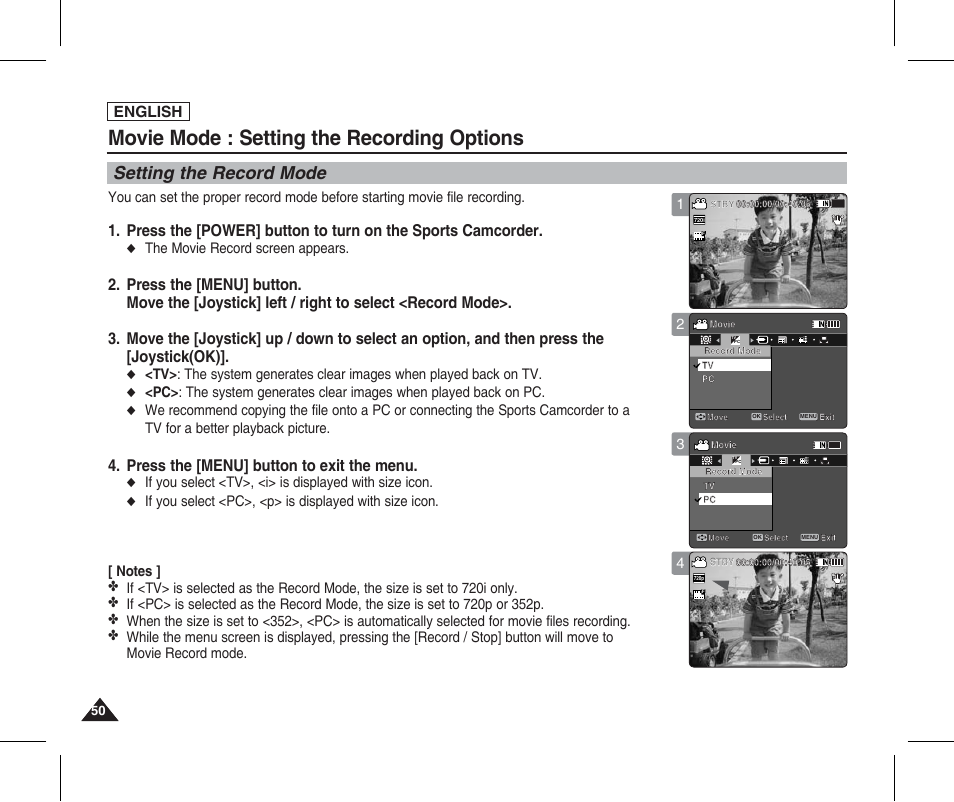 Setting the record mode, Movie mode : setting the recording options, Press the [menu] button to exit the menu | English, The movie record screen appears | Samsung SC-X205L-XAA User Manual | Page 54 / 149