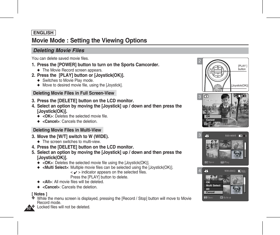 Setting the viewing options, Deleting movie files, Movie mode : setting the viewing options | Press the [play] button or [joystick(ok), Move the [w/t] switch to w (wide), English | Samsung SC-X205L-XAA User Manual | Page 56 / 149