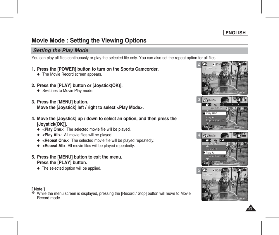 Setting the play mode, Movie mode : setting the viewing options, Press the [play] button or [joystick(ok) | Press the [menu] button, English, The movie record screen appears, Switches to movie play mode, Play one> : the selected movie file will be played, Play all> : all movie files will be played | Samsung SC-X205L-XAA User Manual | Page 57 / 149