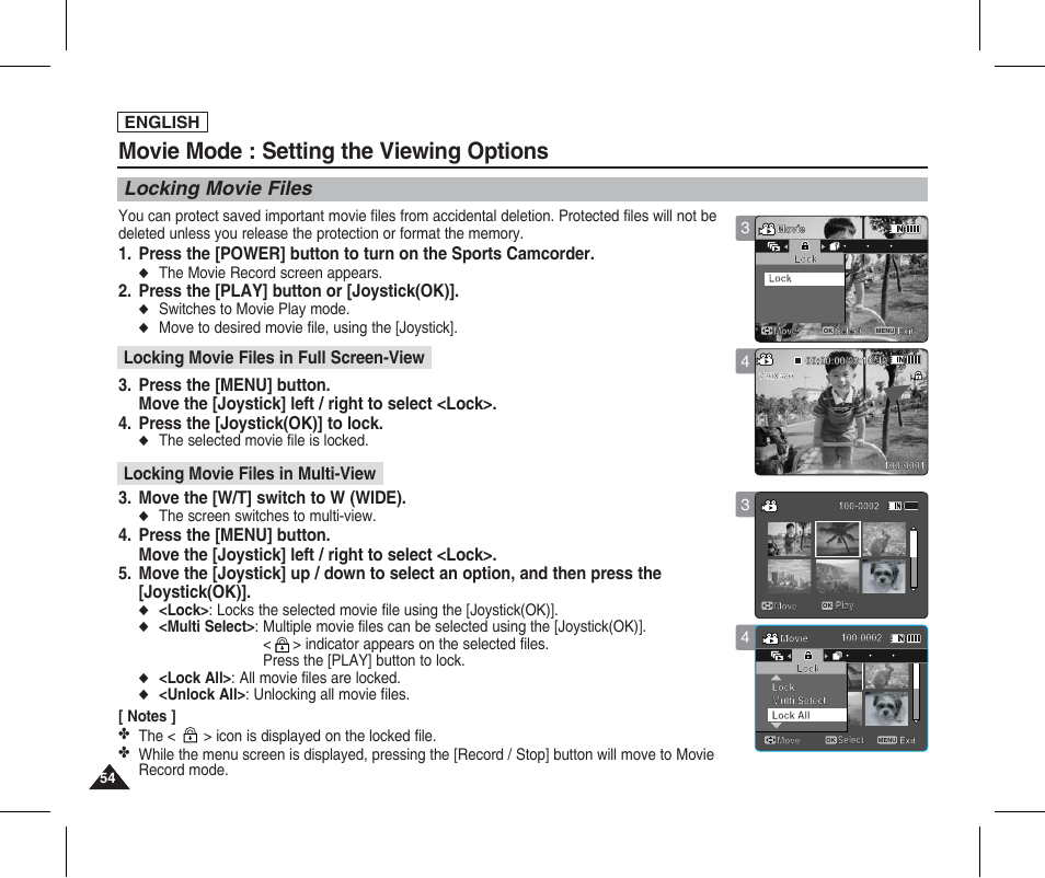 Locking movie files, Movie mode : setting the viewing options, Press the [play] button or [joystick(ok) | Move the [w/t] switch to w (wide), English | Samsung SC-X205L-XAA User Manual | Page 58 / 149