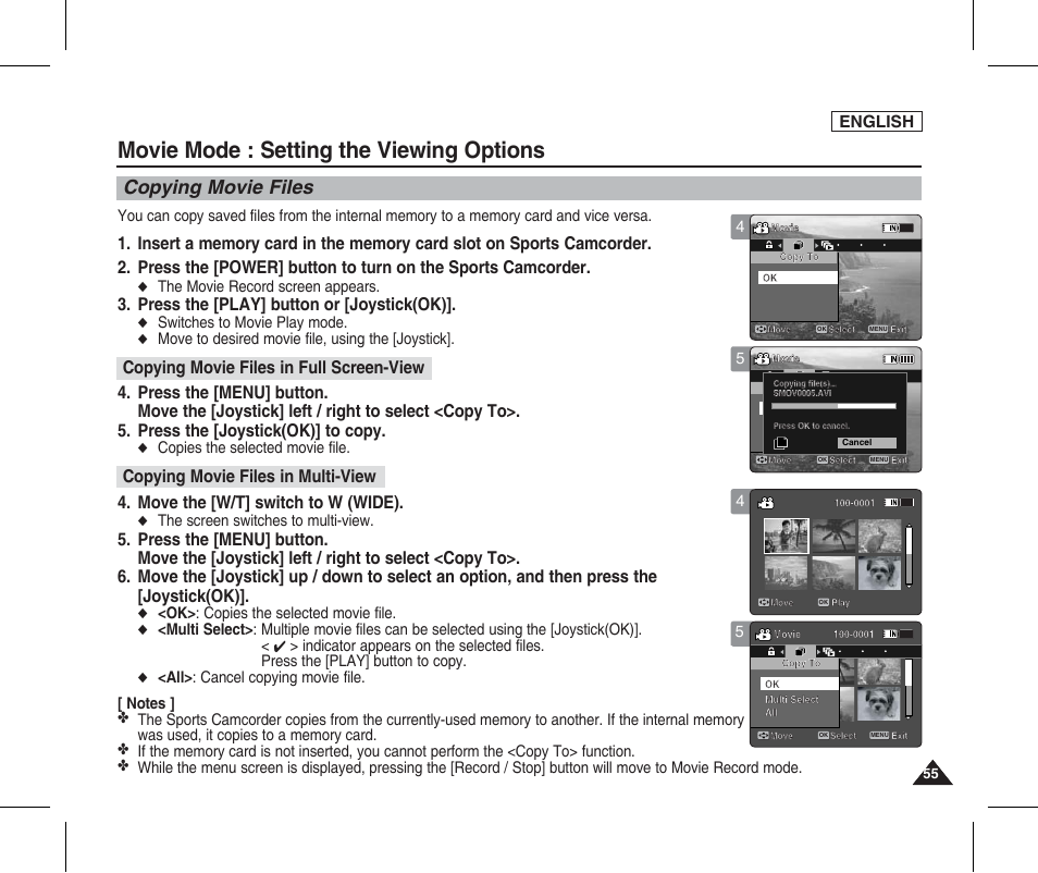 Copying movie files, Movie mode : setting the viewing options, Press the [play] button or [joystick(ok) | Move the [w/t] switch to w (wide), English | Samsung SC-X205L-XAA User Manual | Page 59 / 149