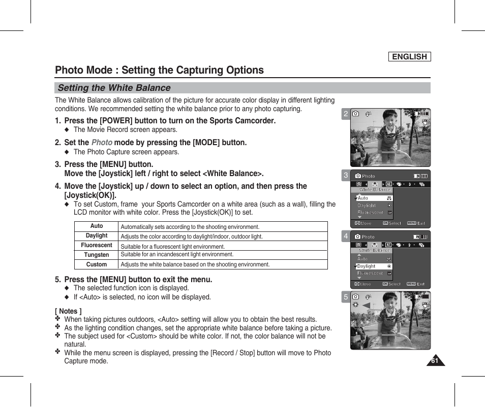 Setting the capturing options, Setting the white balance, Photo mode : setting the capturing options | Set the photo mode by pressing the [mode] button, Press the [menu] button to exit the menu, English, The movie record screen appears, The photo capture screen appears, The selected function icon is displayed | Samsung SC-X205L-XAA User Manual | Page 65 / 149