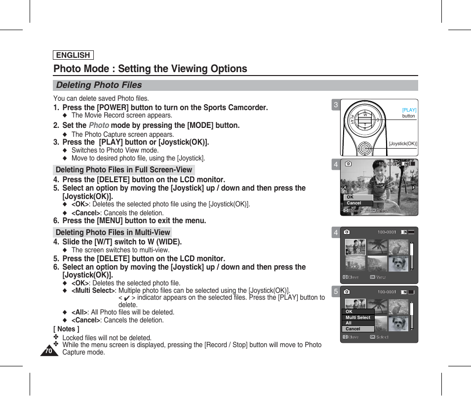 Setting the viewing options, Deleting photo files, Photo mode : setting the viewing options | Set the photo mode by pressing the [mode] button, Press the [play] button or [joystick(ok) | Samsung SC-X205L-XAA User Manual | Page 74 / 149