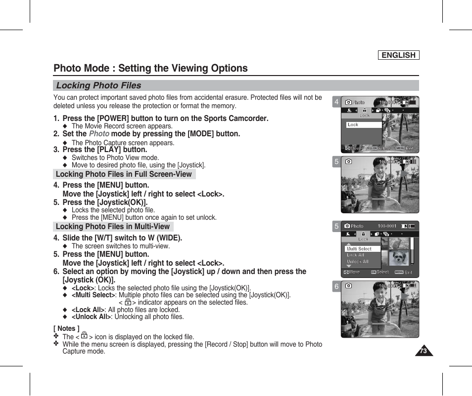 Locking photo files, Photo mode : setting the viewing options, Set the photo mode by pressing the [mode] button | Press the [play] button, Slide the [w/t] switch to w (wide), English | Samsung SC-X205L-XAA User Manual | Page 77 / 149