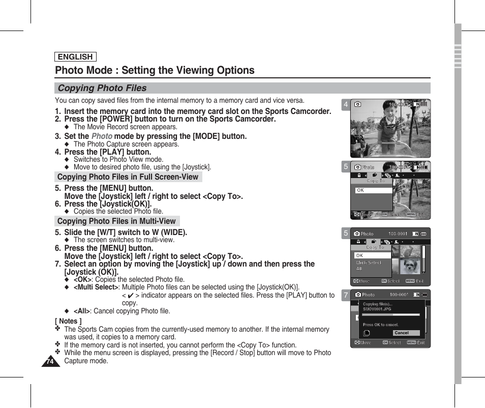 Copying photo files, Photo mode : setting the viewing options, Set the photo mode by pressing the [mode] button | Press the [play] button, Slide the [w/t] switch to w (wide), English | Samsung SC-X205L-XAA User Manual | Page 78 / 149