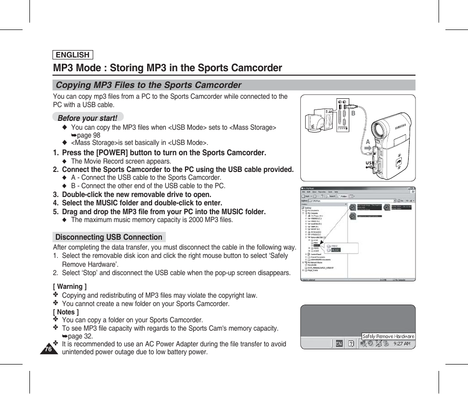 Storing mp3 in the sports camcorder, Copying mp3 files to the sports camcorder, Mp3 mode : storing mp3 in the sports camcorder | Samsung SC-X205L-XAA User Manual | Page 80 / 149