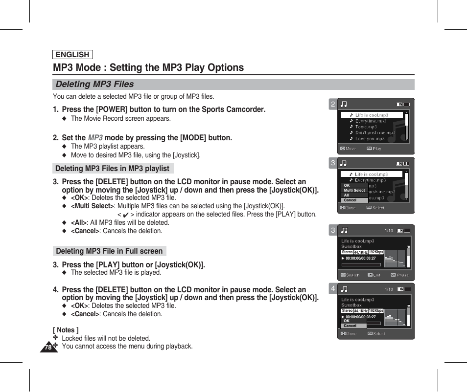 Setting the mp3 play options, Deleting mp3 files, Mp3 mode : setting the mp3 play options | Set the mp3 mode by pressing the [mode] button, Press the [play] button or [joystick(ok), English, The movie record screen appears, The mp3 playlist appears, Move to desired mp3 file, using the [joystick, Ok> : deletes the selected mp3 file | Samsung SC-X205L-XAA User Manual | Page 82 / 149