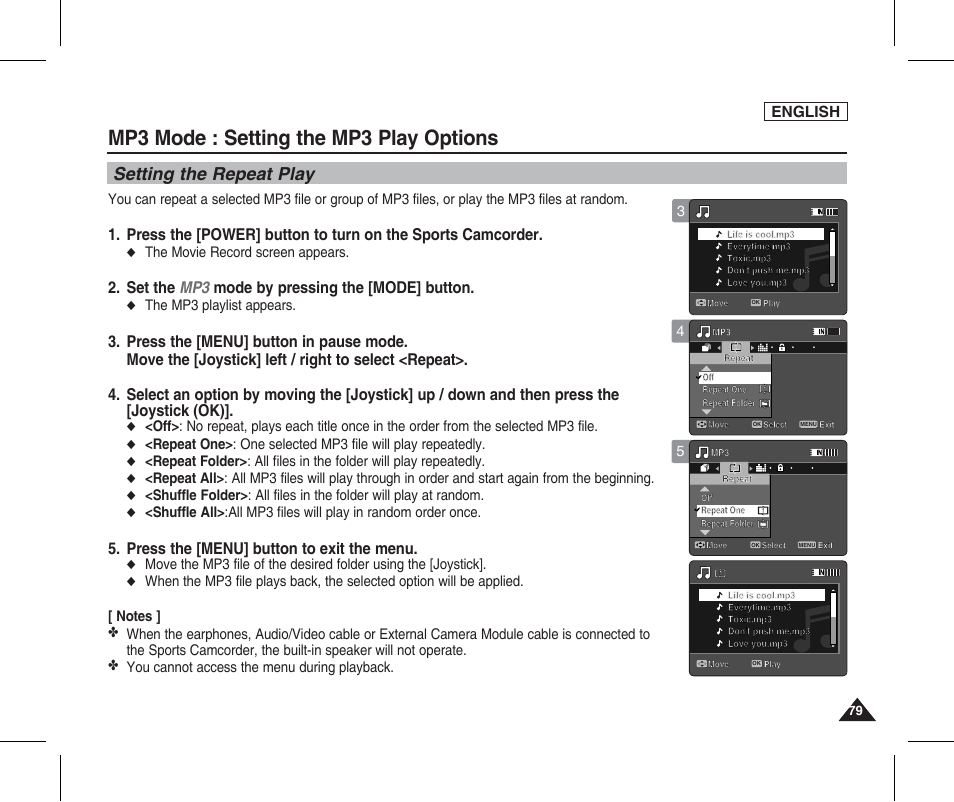 Setting the repeat play, Mp3 mode : setting the mp3 play options, Set the mp3 mode by pressing the [mode] button | Press the [menu] button to exit the menu, English, The movie record screen appears, The mp3 playlist appears | Samsung SC-X205L-XAA User Manual | Page 83 / 149