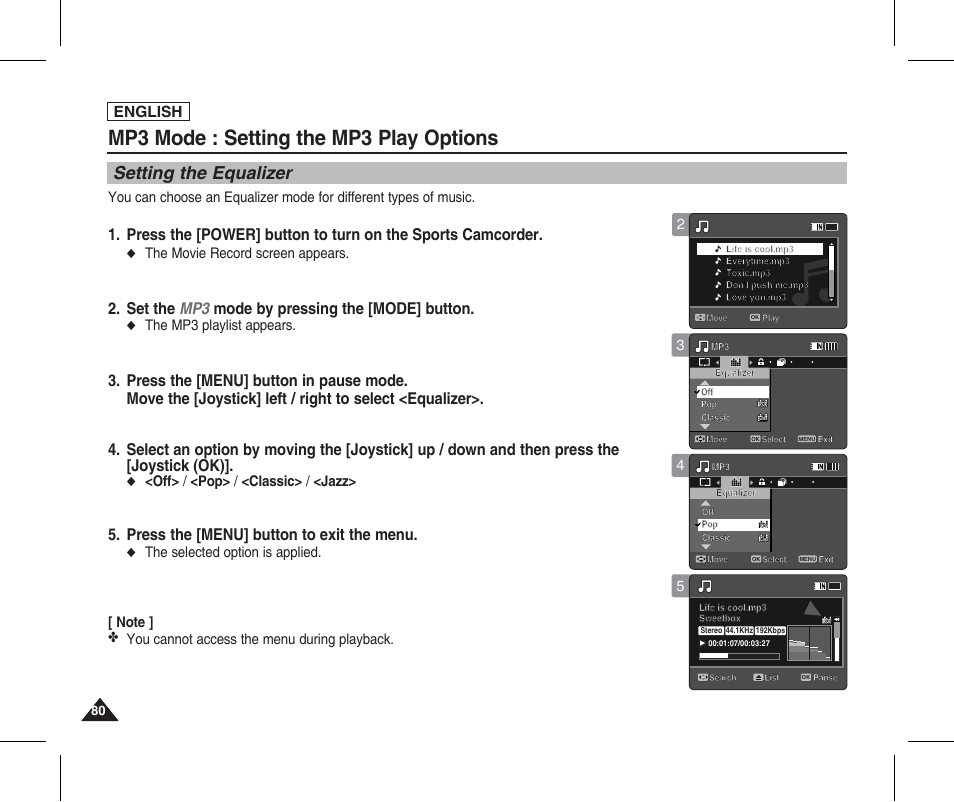 Setting the equalizer, Mp3 mode : setting the mp3 play options, Set the mp3 mode by pressing the [mode] button | Press the [menu] button to exit the menu, English, The movie record screen appears, The mp3 playlist appears, Off> / <pop> / <classic> / <jazz | Samsung SC-X205L-XAA User Manual | Page 84 / 149