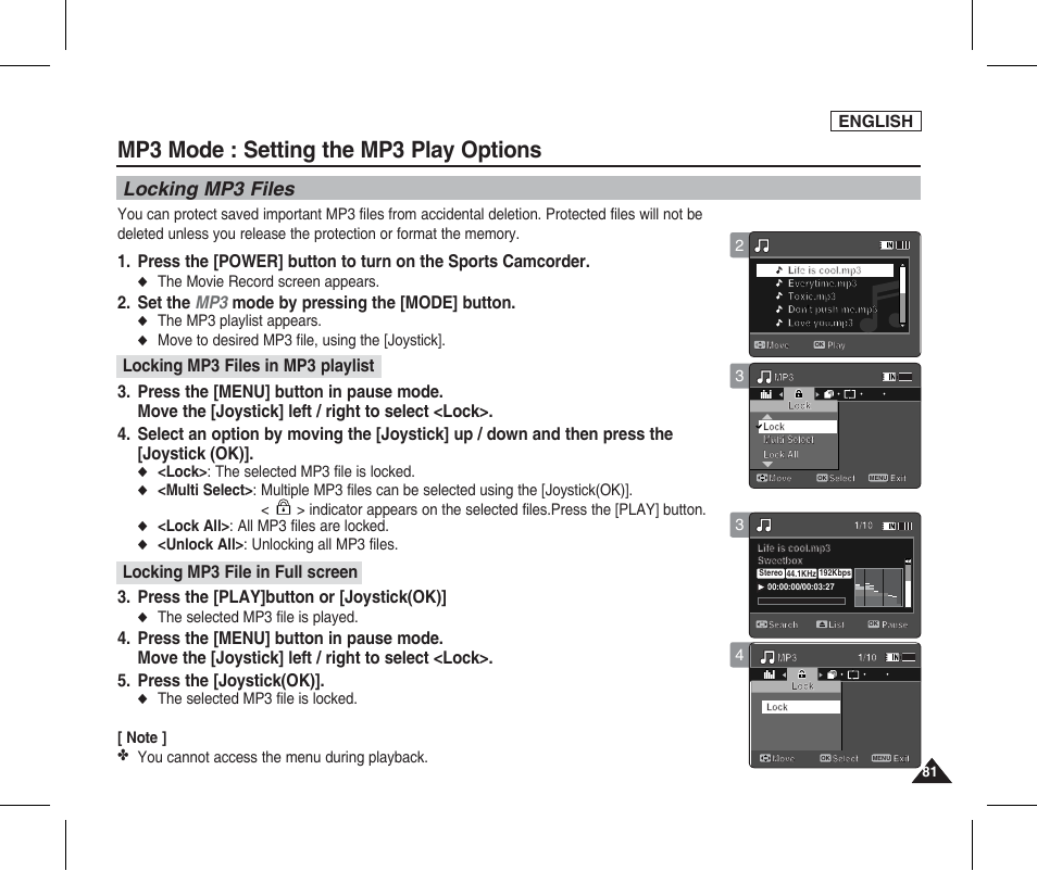 Locking mp3 files, Mp3 mode : setting the mp3 play options, Locking mp3 file in full screen | Set the mp3 mode by pressing the [mode] button, Press the [play]button or [joystick(ok), Locking mp3 files in mp3 playlist, English, The movie record screen appears, The mp3 playlist appears, Move to desired mp3 file, using the [joystick | Samsung SC-X205L-XAA User Manual | Page 85 / 149