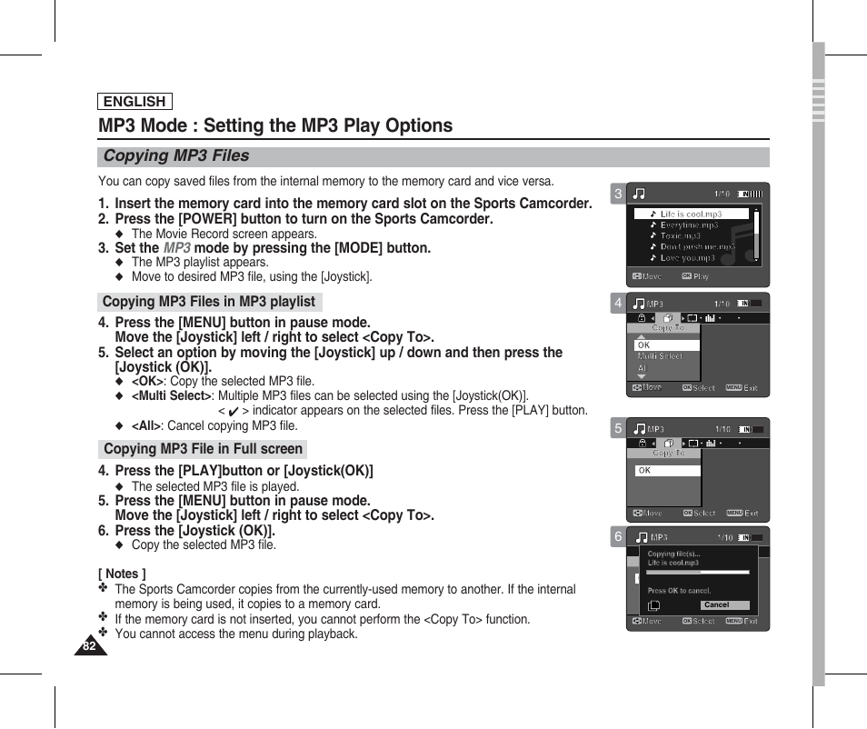 Copying mp3 files, Mp3 mode : setting the mp3 play options, Set the mp3 mode by pressing the [mode] button | Press the [play]button or [joystick(ok), English, The movie record screen appears, The mp3 playlist appears, Move to desired mp3 file, using the [joystick, Ok> : copy the selected mp3 file, All> : cancel copying mp3 file | Samsung SC-X205L-XAA User Manual | Page 86 / 149