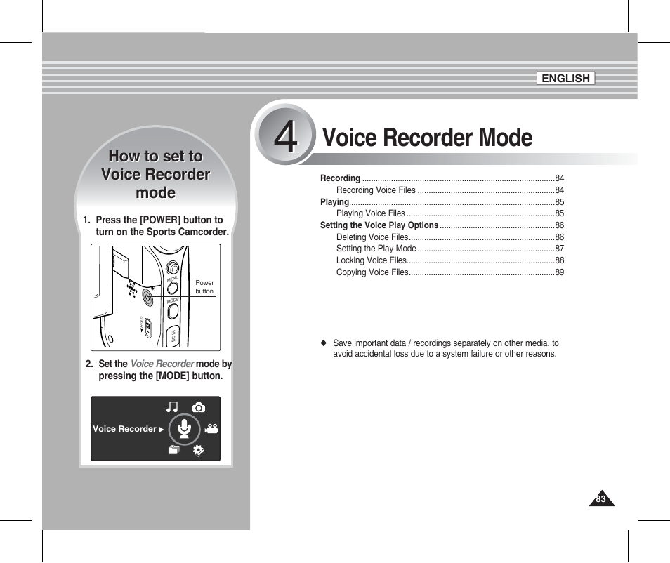 Voice recorder mode | Samsung SC-X205L-XAA User Manual | Page 87 / 149