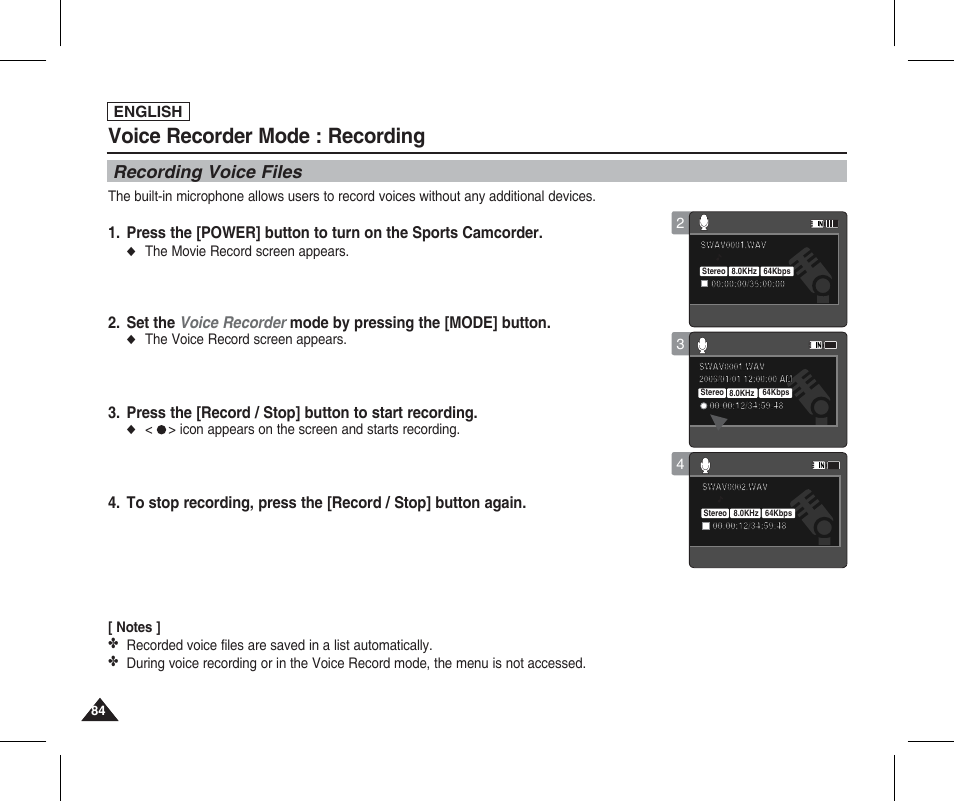 Recording, Recording voice files, Voice recorder mode : recording | Samsung SC-X205L-XAA User Manual | Page 88 / 149