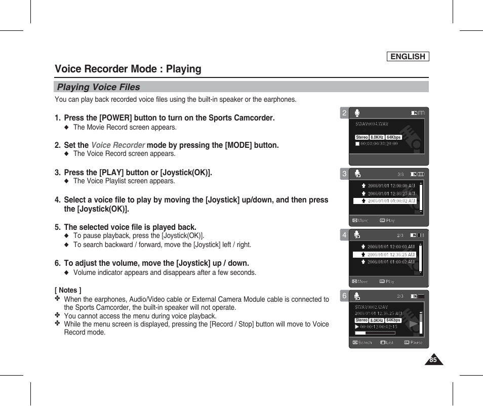 Playing, Playing voice files, Voice recorder mode : playing | Press the [play] button or [joystick(ok), English, The movie record screen appears, The voice record screen appears, The voice playlist screen appears | Samsung SC-X205L-XAA User Manual | Page 89 / 149