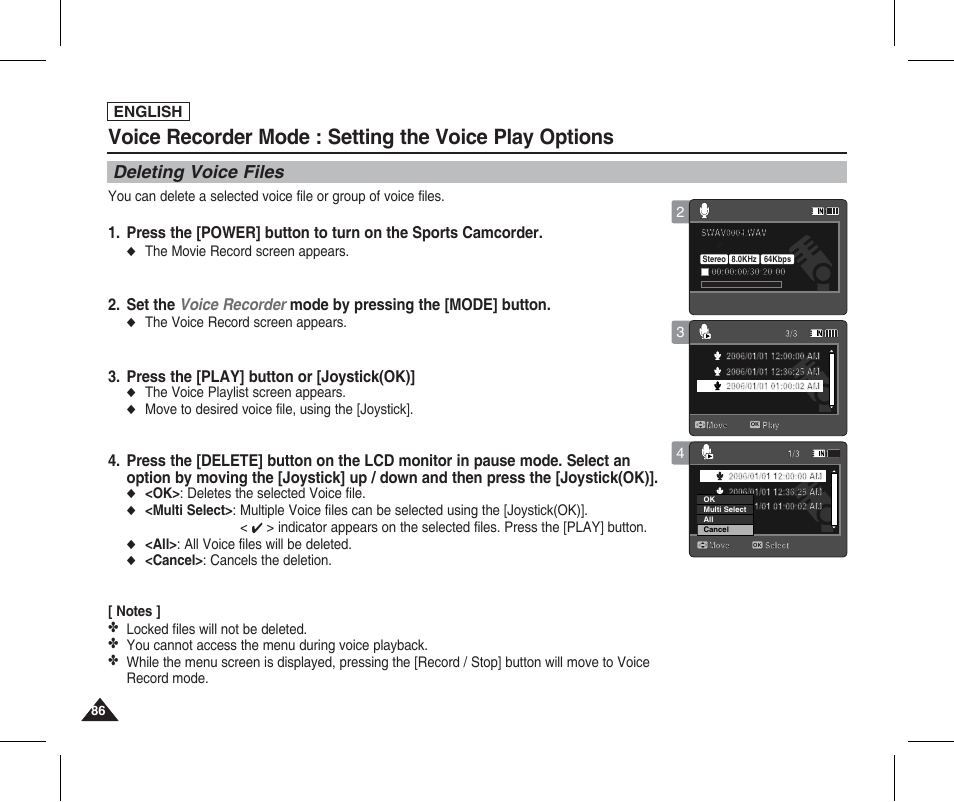 Setting the voice play options, Deleting voice files, Press the [play] button or [joystick(ok) | English | Samsung SC-X205L-XAA User Manual | Page 90 / 149