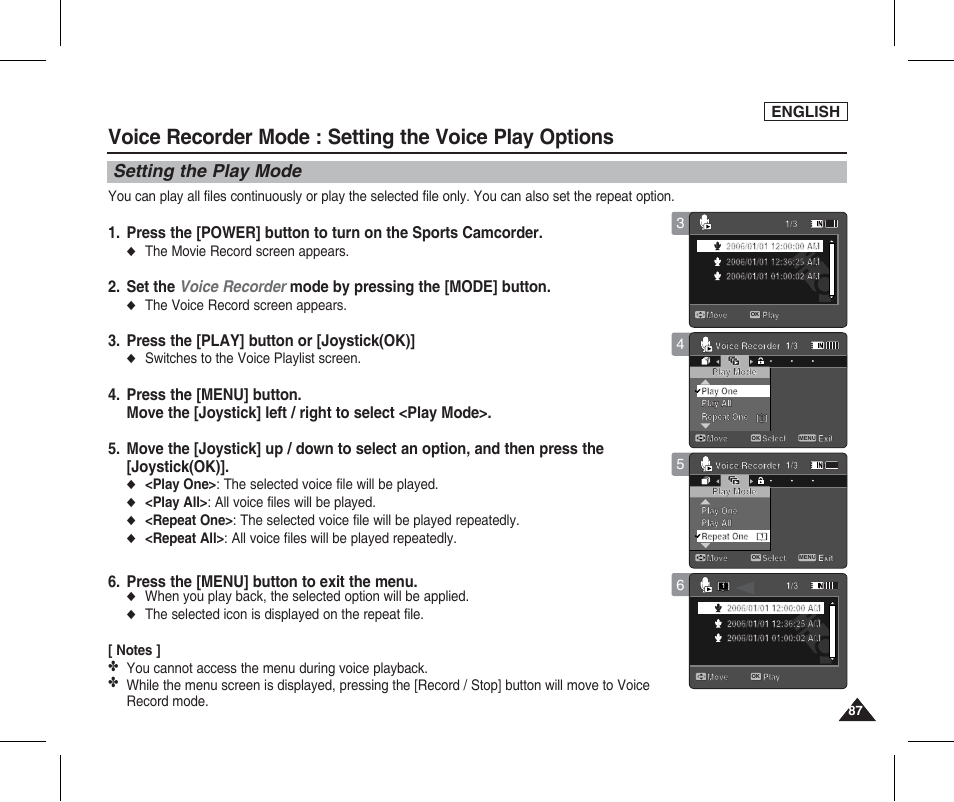 Setting the play mode, Press the [play] button or [joystick(ok), Press the [menu] button | Press the [menu] button to exit the menu, English, The movie record screen appears, The voice record screen appears, Switches to the voice playlist screen, Play one> : the selected voice file will be played, Play all> : all voice files will be played | Samsung SC-X205L-XAA User Manual | Page 91 / 149