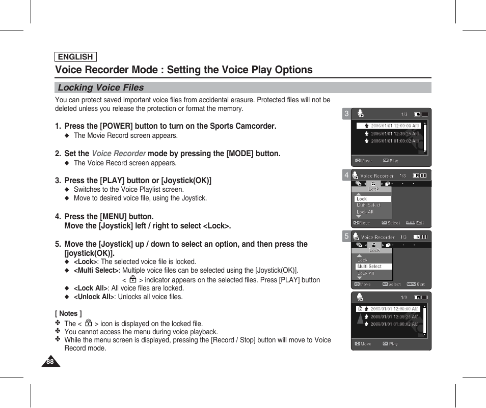 Locking voice files, Press the [play] button or [joystick(ok), English | The movie record screen appears, The voice record screen appears, Switches to the voice playlist screen, Move to desired voice file, using the joystick, Lock> : the selected voice file is locked, Lock all> : all voice files are locked | Samsung SC-X205L-XAA User Manual | Page 92 / 149