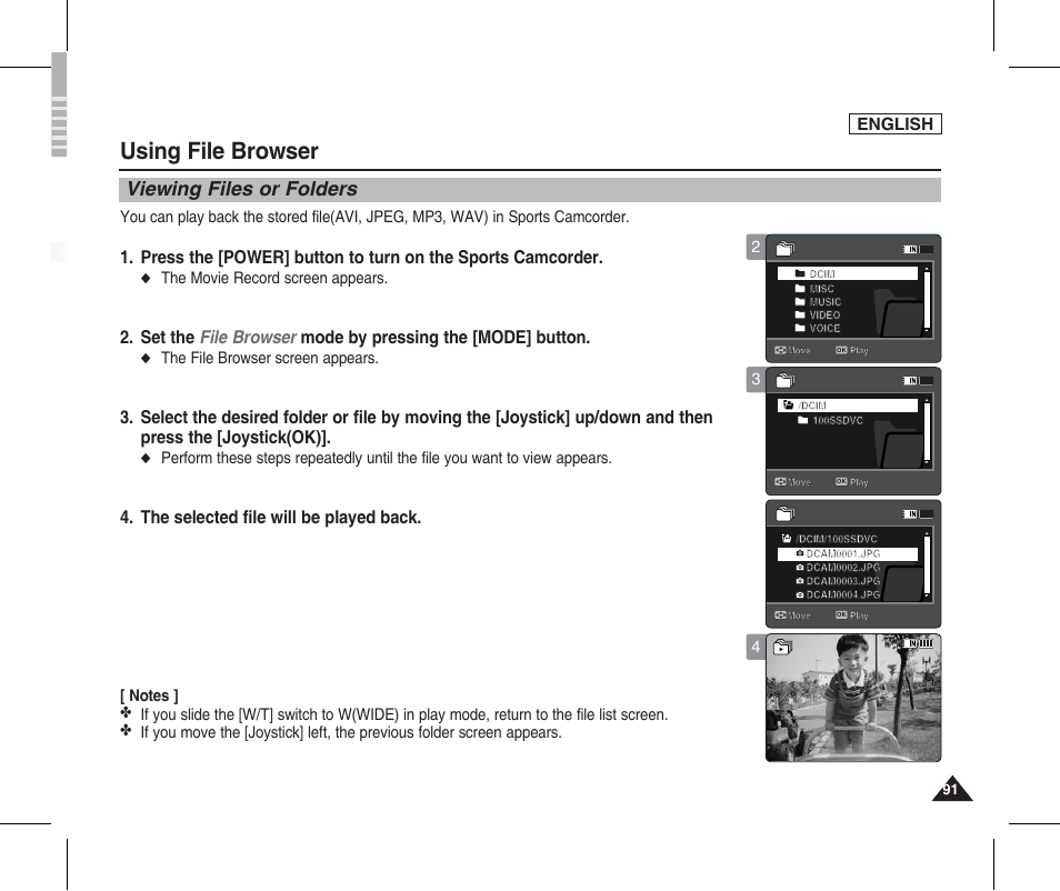 Viewing files or folders, Using file browser, The selected file will be played back | English, The movie record screen appears, The file browser screen appears | Samsung SC-X205L-XAA User Manual | Page 95 / 149