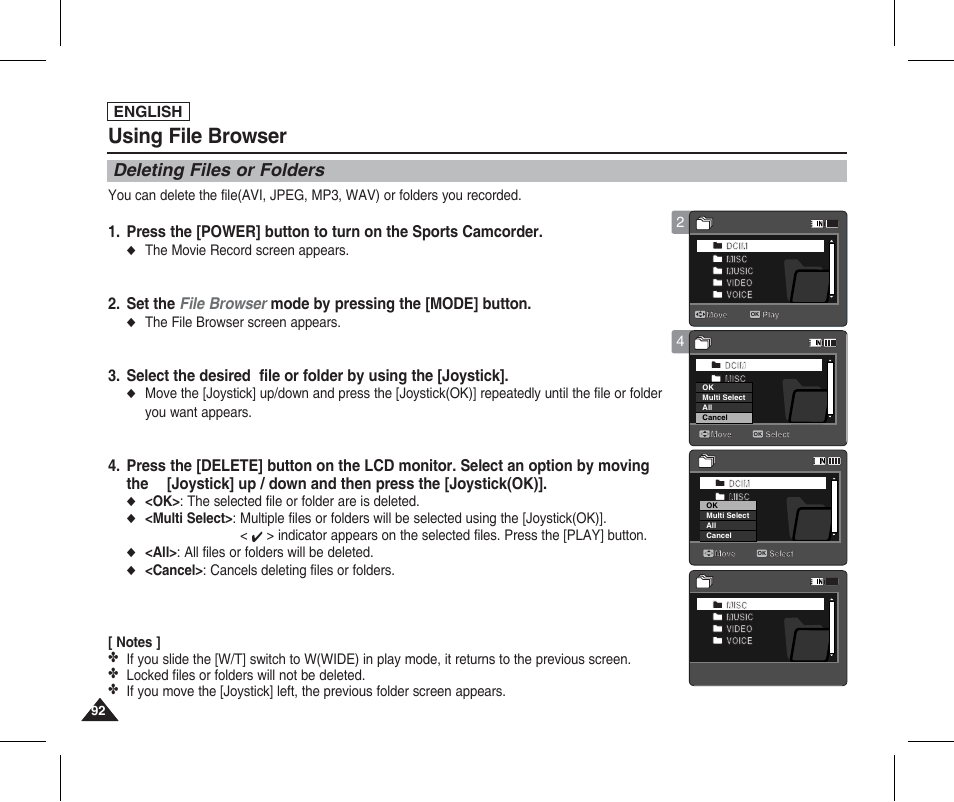 Deleting files or folders, Using file browser, English | The movie record screen appears, The file browser screen appears, Ok> : the selected file or folder are is deleted, All> : all files or folders will be deleted | Samsung SC-X205L-XAA User Manual | Page 96 / 149