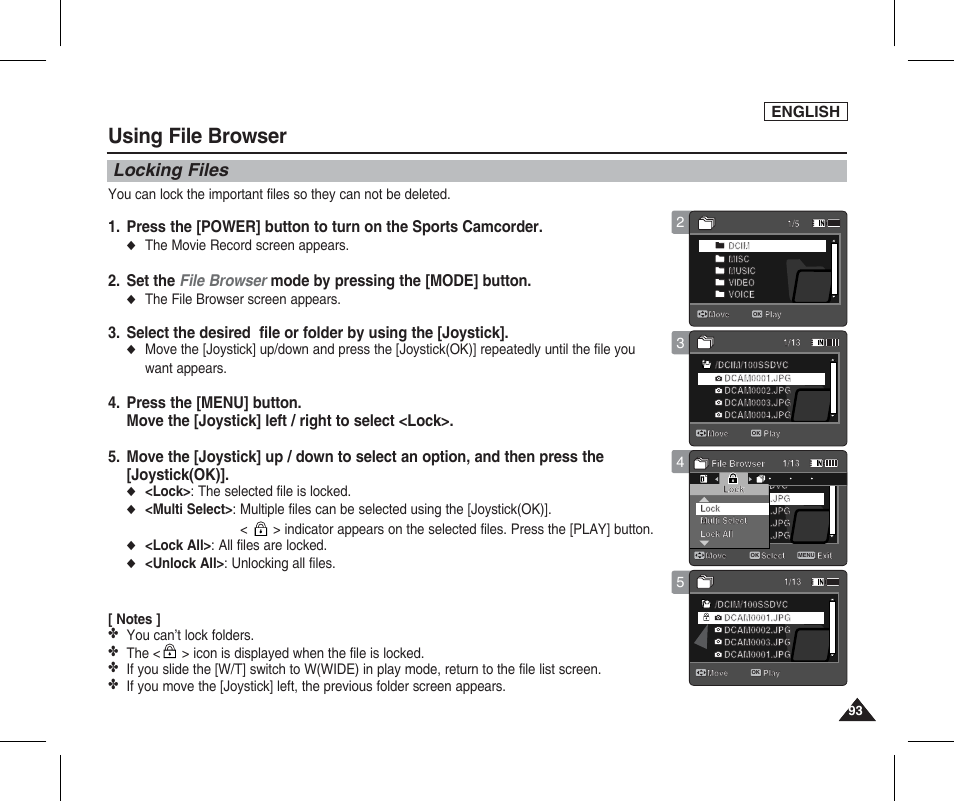 Locking files, Using file browser, English | The movie record screen appears, The file browser screen appears, Lock> : the selected file is locked, Lock all> : all files are locked | Samsung SC-X205L-XAA User Manual | Page 97 / 149