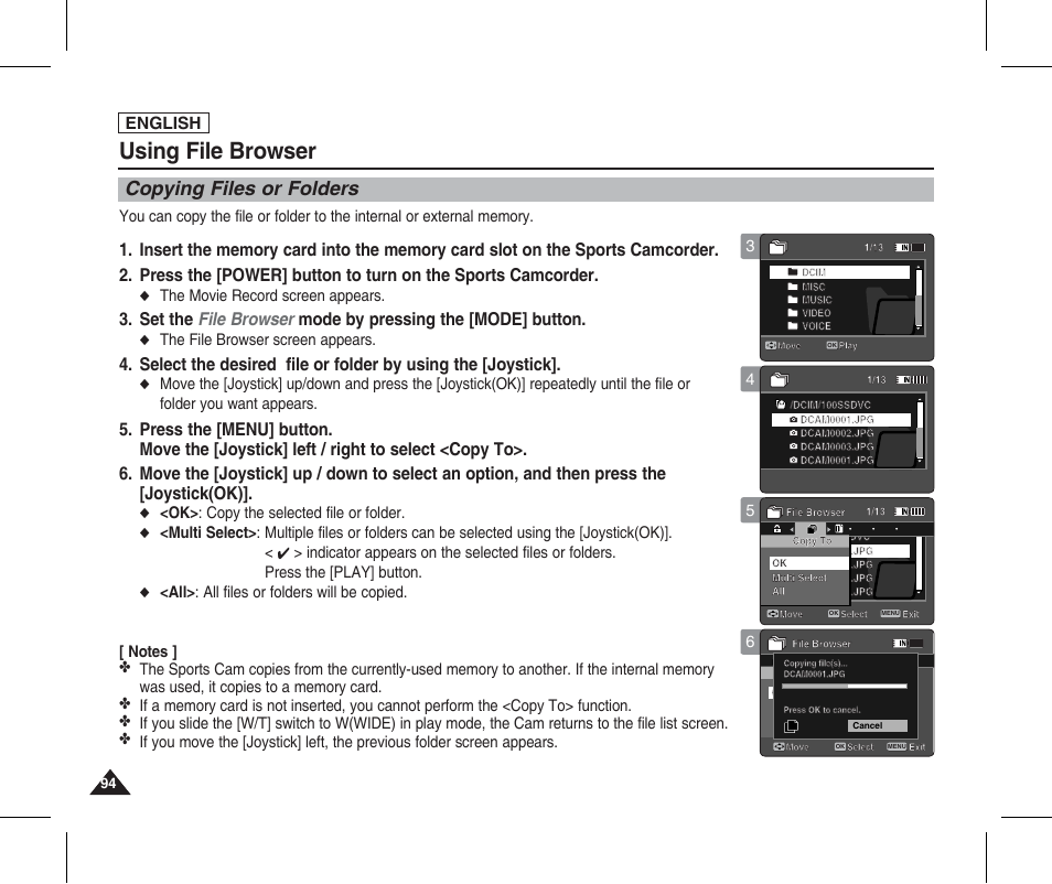 Copying files or folders, Using file browser, English | The movie record screen appears, The file browser screen appears, Ok> : copy the selected file or folder | Samsung SC-X205L-XAA User Manual | Page 98 / 149