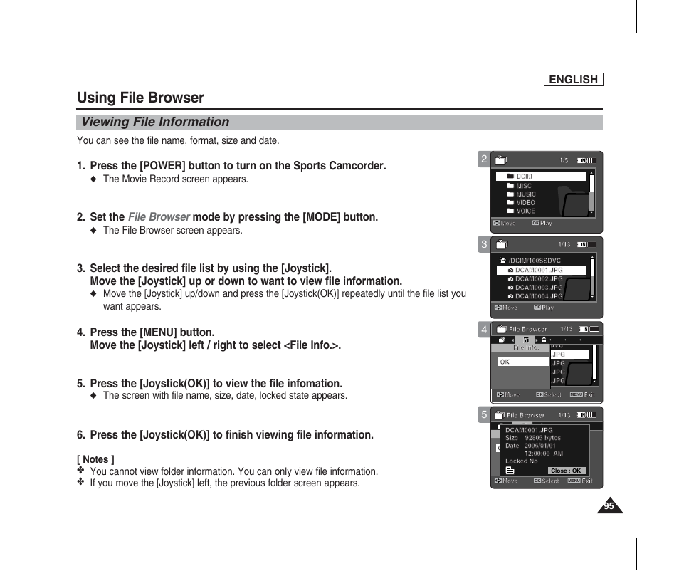 Viewing file information, Using file browser, English | You can see the file name, format, size and date, The movie record screen appears, The file browser screen appears | Samsung SC-X205L-XAA User Manual | Page 99 / 149