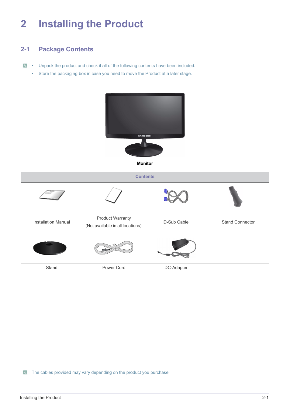 1 package contents, Installing the product, Package contents -1 | 2installing the product | Samsung LS19A10NS-ZA User Manual | Page 11 / 34